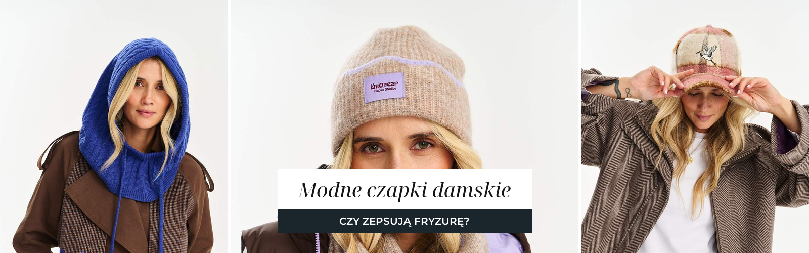 Trzy czapki damskie na jasnym tle, kobaltowa balaklawa o warkoczowym splocie, beżowa włochata beanie i czapka z daszkiem z wełnianej kraty z haftem żurawia.