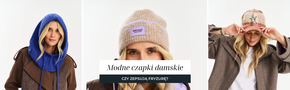 Trzy czapki damskie na jasnym tle, kobaltowa balaklawa o warkoczowym splocie, beżowa włochata beanie i czapka z daszkiem z wełnianej kraty z haftem żurawia.