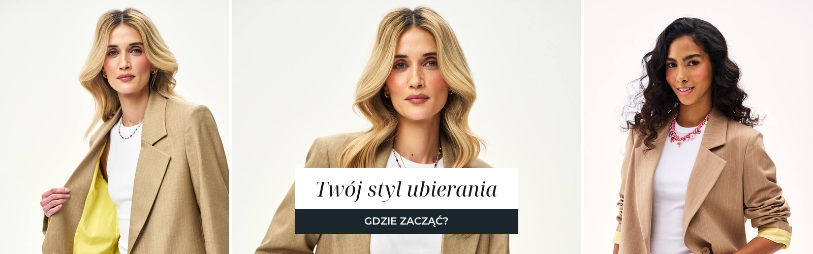 Kobieta w beżowej marynarce z żółtą podszewką, zestawionej z białym topem i spodniami w kolorze ecru.