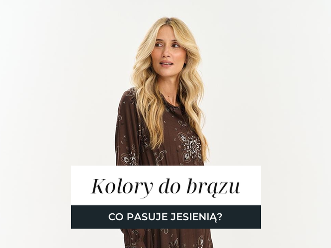 Trzy jesienne stylizacje w brązach: brązowy trencz na kremowym swetrze, długa brązowa sukienka we wzór i brązowy sweter z różową czapką.