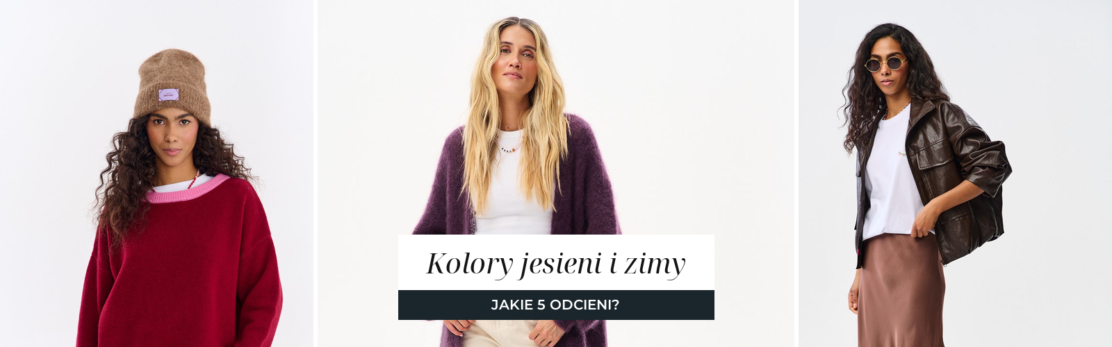 Trzy jesienne kolory na jasnym tle, bordowy sweter, śliwkowy kardigan moherowy i czekoladowa spódnica satynowa.