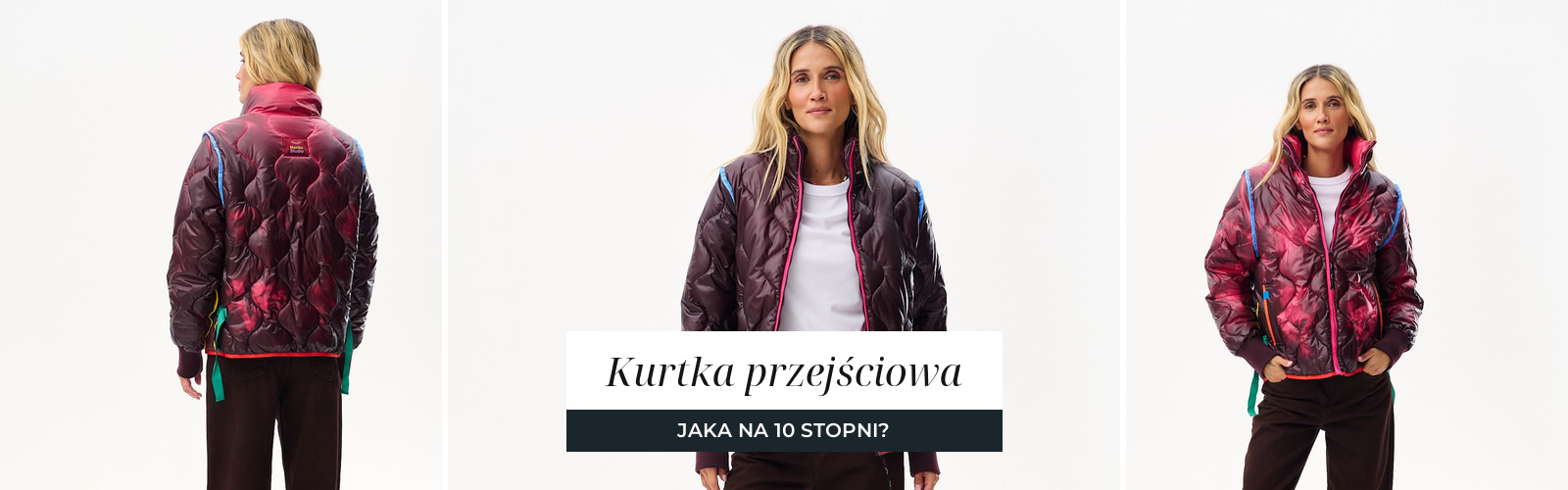 Pikowana kurtka przejściowa w odcieniach bordo, trzy ujęcia studyjne