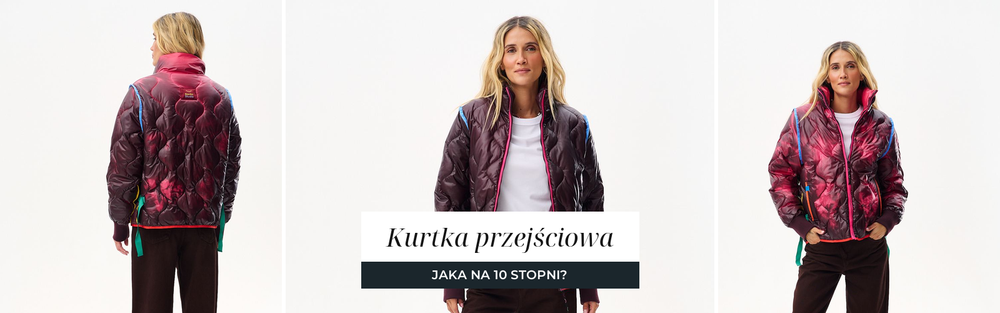 Pikowana kurtka przejściowa w odcieniach bordo, trzy ujęcia studyjne