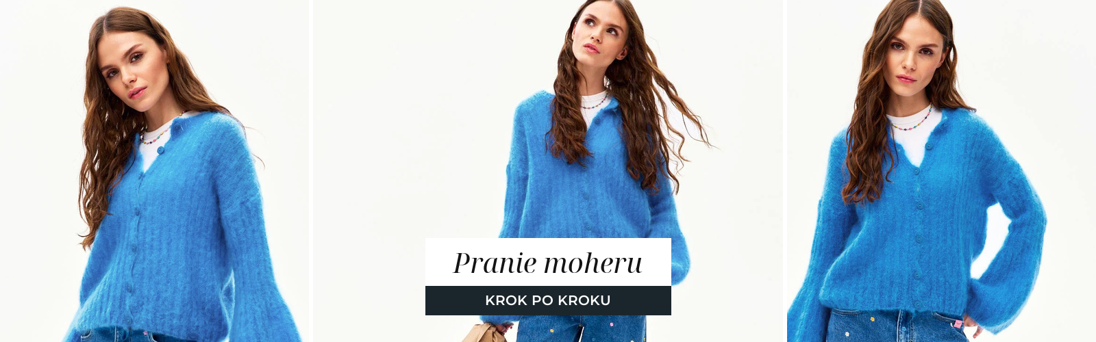 Kobieta w moherowym kardiganie w intensywnym błękicie, widoczny długi włos dzianiny.