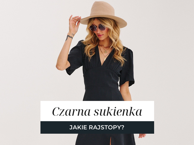 Kobieta w czarnej sukience mini z dekoltem V, jesienna stylizacja z kapeluszem.