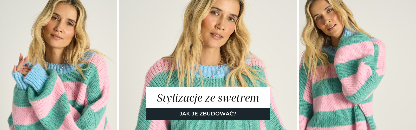 Kobieta w swetrze z wełny w różowo miętowe pasy, luźny krój na jasnych spodniach.