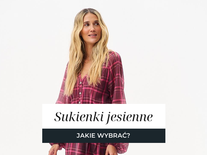 Trzy sukienki jesienne: brązowa dzianinowa kopertowa, sukienka w bordowo różową kratę i bordowa sukienka dzianinowa.