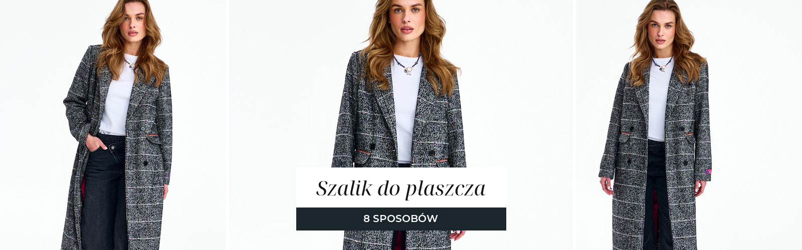 Kobieta w klasycznym płaszczu z wełny w szarą jodełkę, sięgającym poniżej kolan.