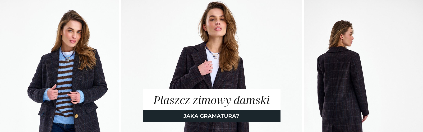 Klasyczny płaszcz z wełną w ciemnej kratce, trzy ujęcia studyjne na jasnym tle