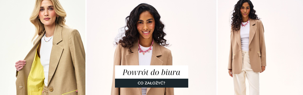 Beżowa marynarka i biały top w biurowej stylizacji