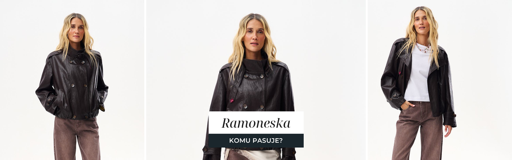Ciemnobrązowa ramoneska ze skóry i szerokie spodnie w tonie brązu