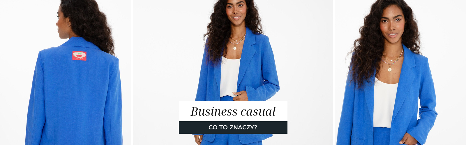 Kobieta w marynarce w stylu business casual, biurowa stylizacja.