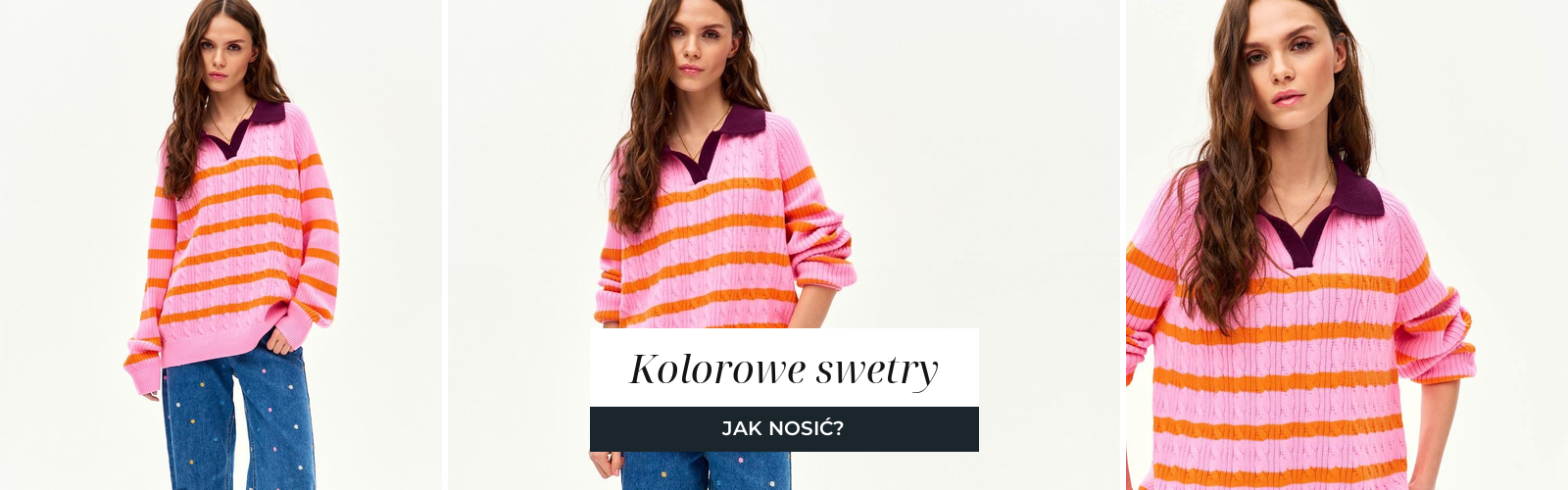 Kobieta w kolorowym swetrze w paski, jesienno-zimowa stylizacja.