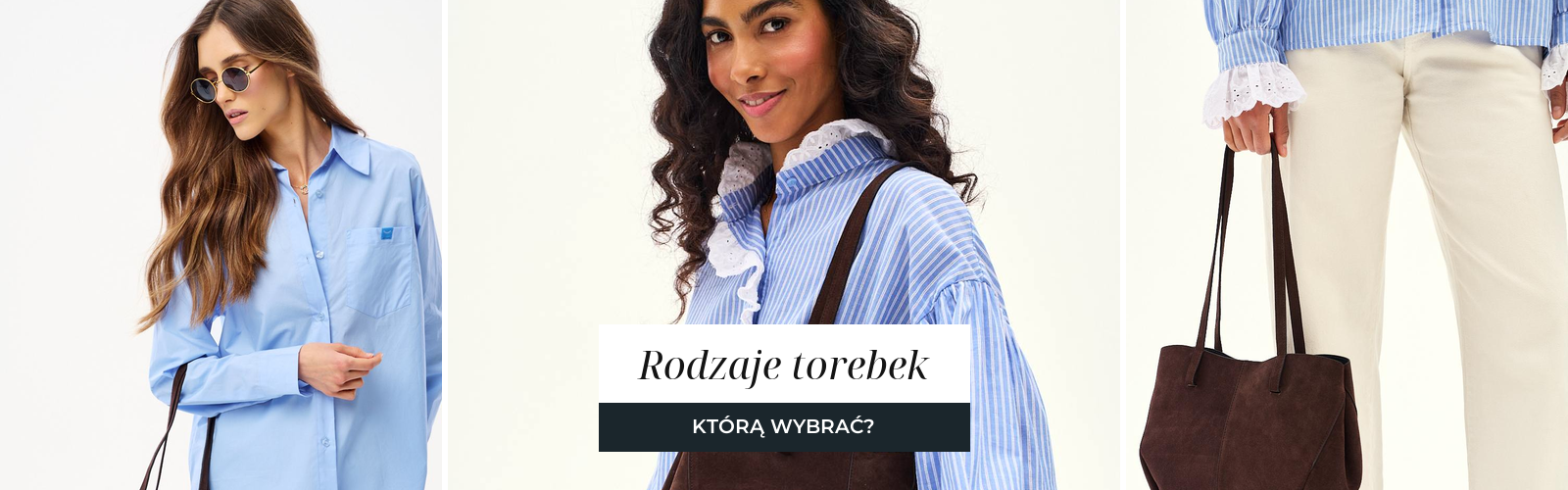 Kobieta w jasnobłękitnej koszuli z brązową zamszową torbą typu shopper na ramieniu.