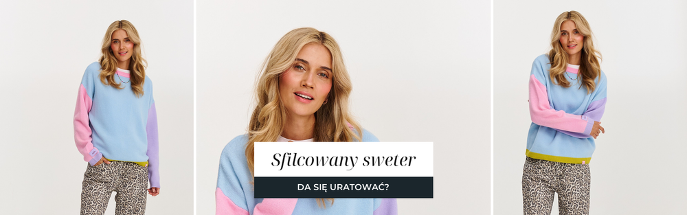 Wełniany sweter w pastelowych blokach kolorystycznych, ujęcia studyjne