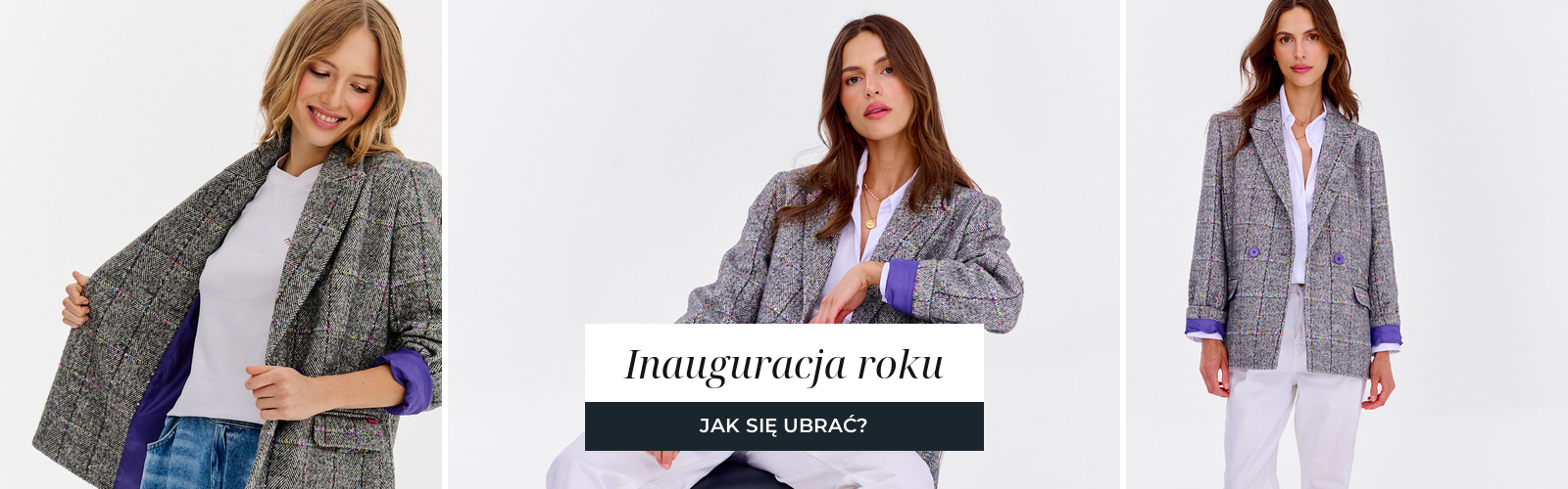 Kobieta w marynarce z wełny w szarą jodełkę, zestawionej z białą koszulą.