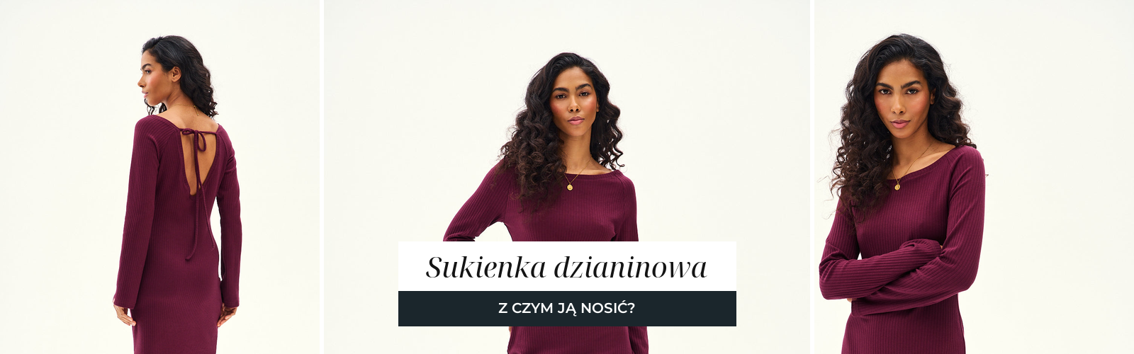 Sukienka z prążkowanej dzianiny w kolorze śliwki, ujęcia studyjne