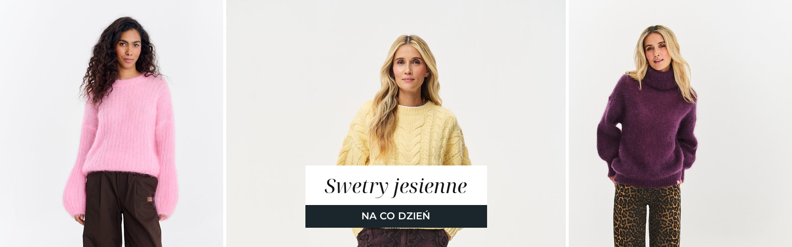 Trzy swetry jesienne: różowy sweter moherowy, żółty sweter z wełną w warkocze i fioletowy moherowy golf.