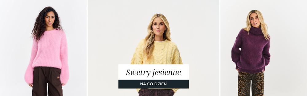 Trzy swetry jesienne: różowy sweter moherowy, żółty sweter z wełną w warkocze i fioletowy moherowy golf.