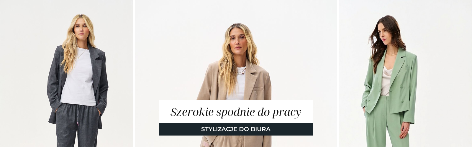 Trzy garnitury z szerokimi spodniami: grafitowy w cienki prążek, w piaskowym beżu i w szałwiowej zieleni