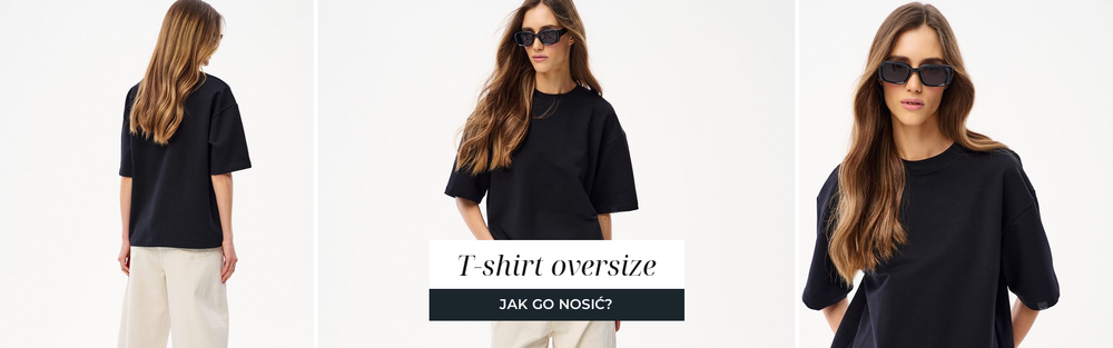 Kobieta w czarnym t-shircie o luźnym kroju, opuszczona linia barku i szeroki rękaw.