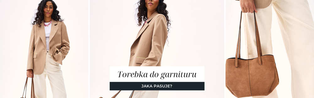 Kobieta w beżowej marynarce i jasnych szerokich spodniach z karmelową torbą typu shopper.