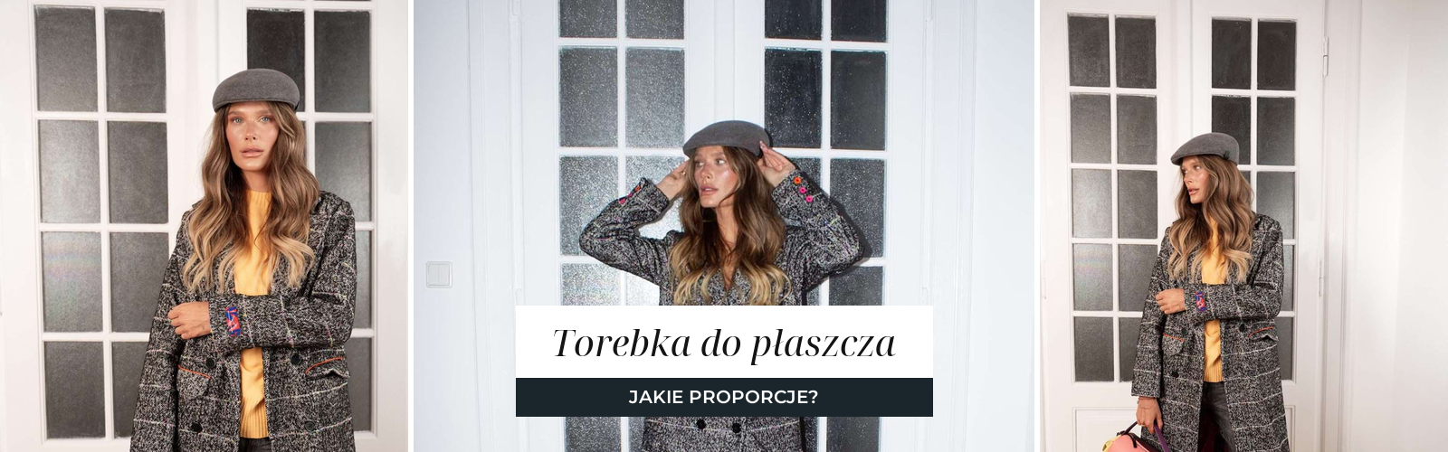 Szary tweedowy płaszcz do połowy łydki z torebką na pasku