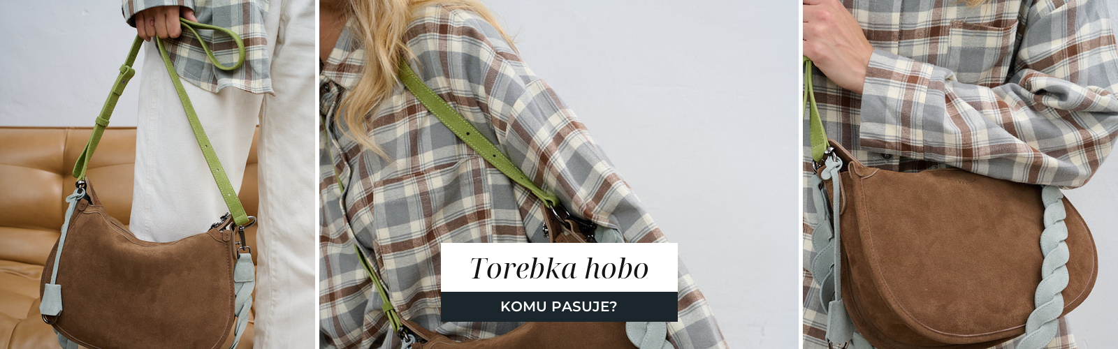 Brązowa zamszowa torebka hobo na plecionym pasku, noszona na ramieniu
