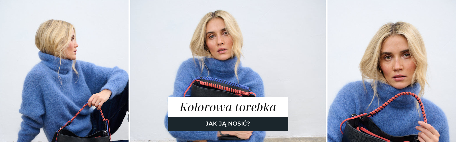 Torebka z kolorowym plecionym paskiem przy błękitnym swetrze