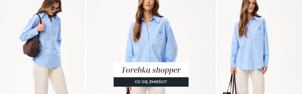 Brązowa zamszowa torba typu shopper noszona na ramieniu do błękitnej koszuli