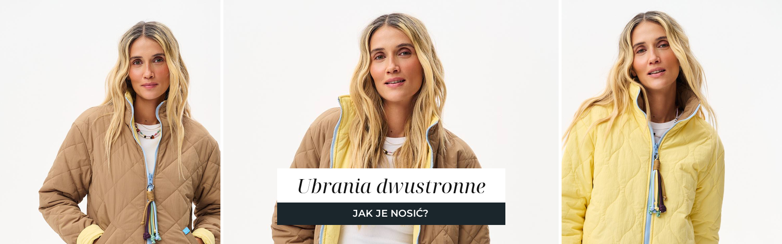 Pikowana kurtka dwustronna pokazana z obu stron, beżowej i żółtej