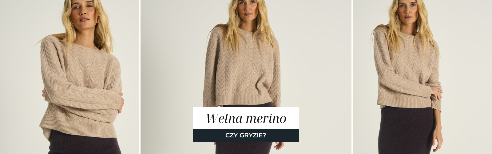 Beżowy sweter z wełny merino o splocie warkoczowym, widoczna faktura dzianiny