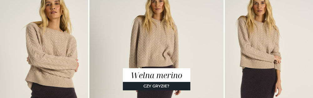 Beżowy sweter z wełny merino o splocie warkoczowym, widoczna faktura dzianiny