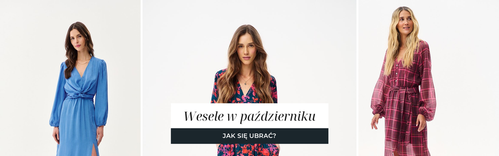 Trzy sukienki na jesienne wesele: niebieska długa z wiązaniem, granatowa midi w kwiaty i sukienka w bordowo różową kratę.