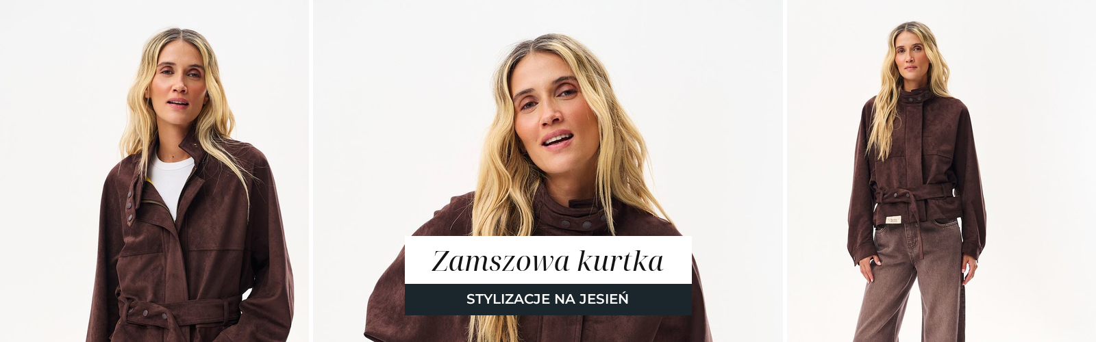 Kobieta w krótkiej zamszowej kurtce w kolorze czekoladowego brązu z paskiem w talii, noszonej do białego topu i brązowych jeansów.