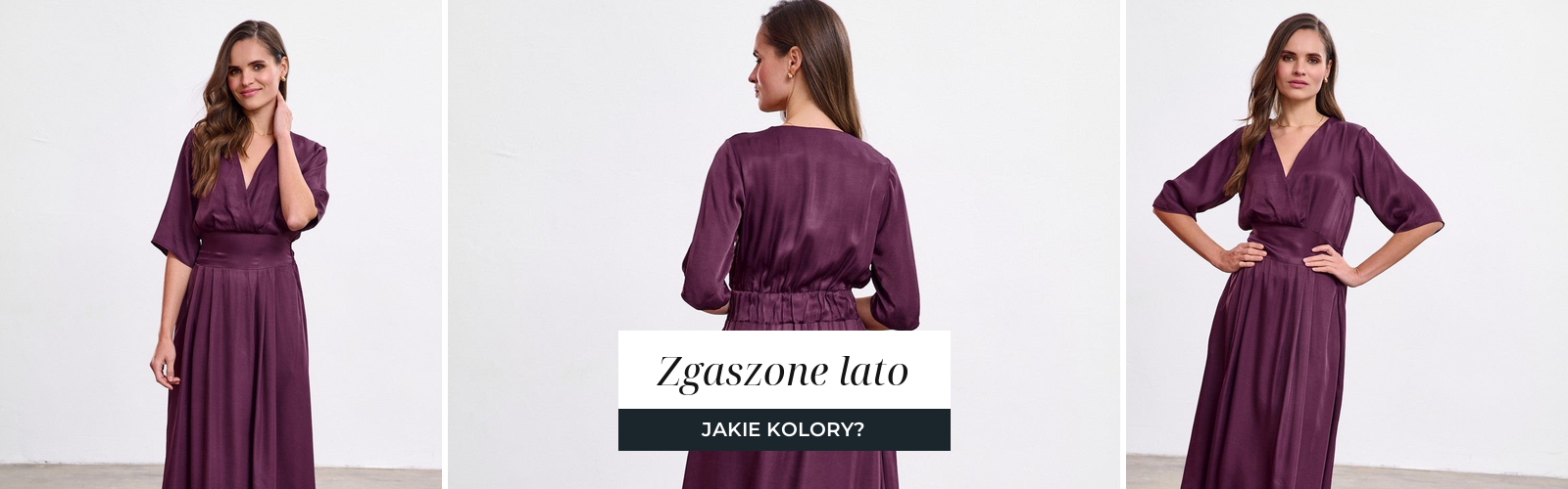 Kobieta w śliwkowej sukience midi, przygaszony odcień z palety typu urody zgaszone lato.