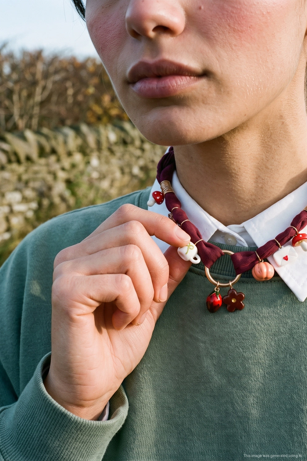 Delikatny naszyjnik Autumn Treasures, noszony do swetra z kołnierzykiem, zbliżenie na zawieszki