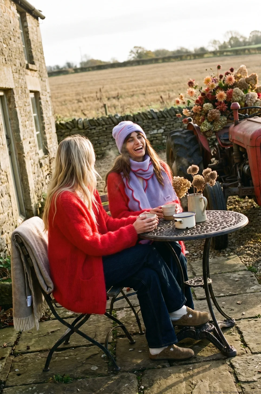 Czapka beanie z falowaną linią Wiggly Bloom, noszona do szalika Wiggly Bloom, ujęcie w plenerze na siedząco