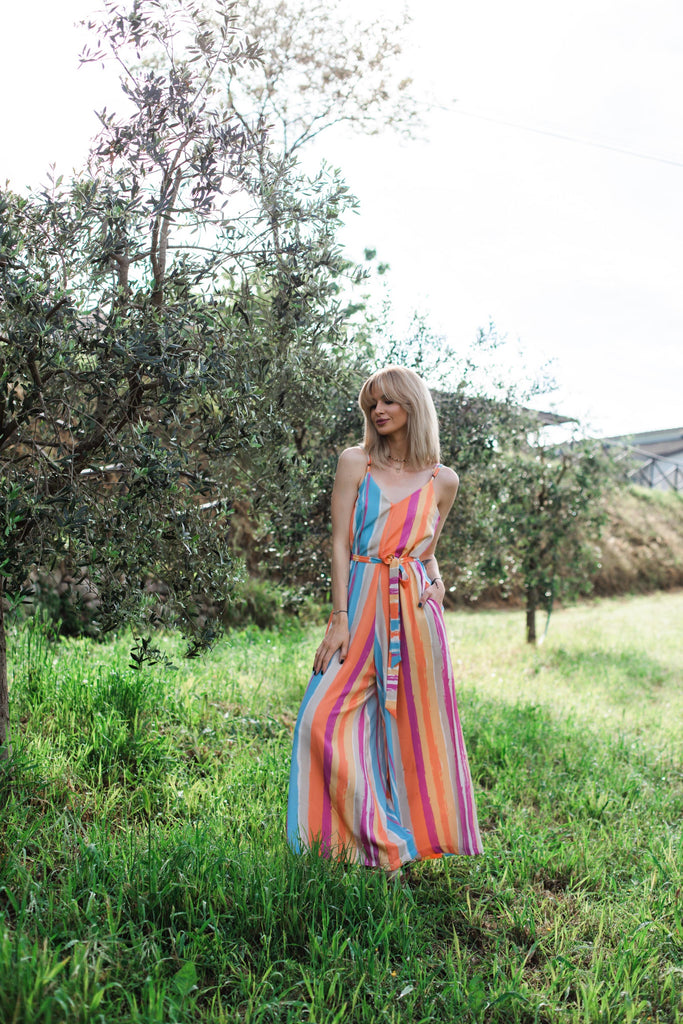 naoko paula jagodzińska sukienka maxi z wiskozy w kolorowe pasy z wiązaniem