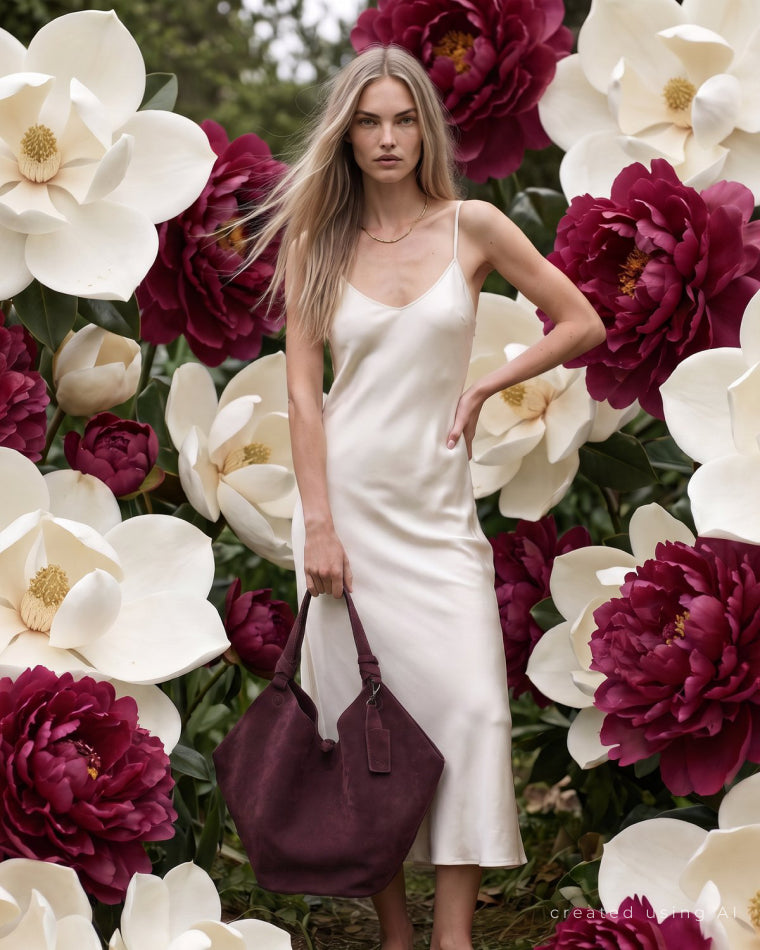 Modelka wśród magnolii z burgundową torbą Naoko Bags