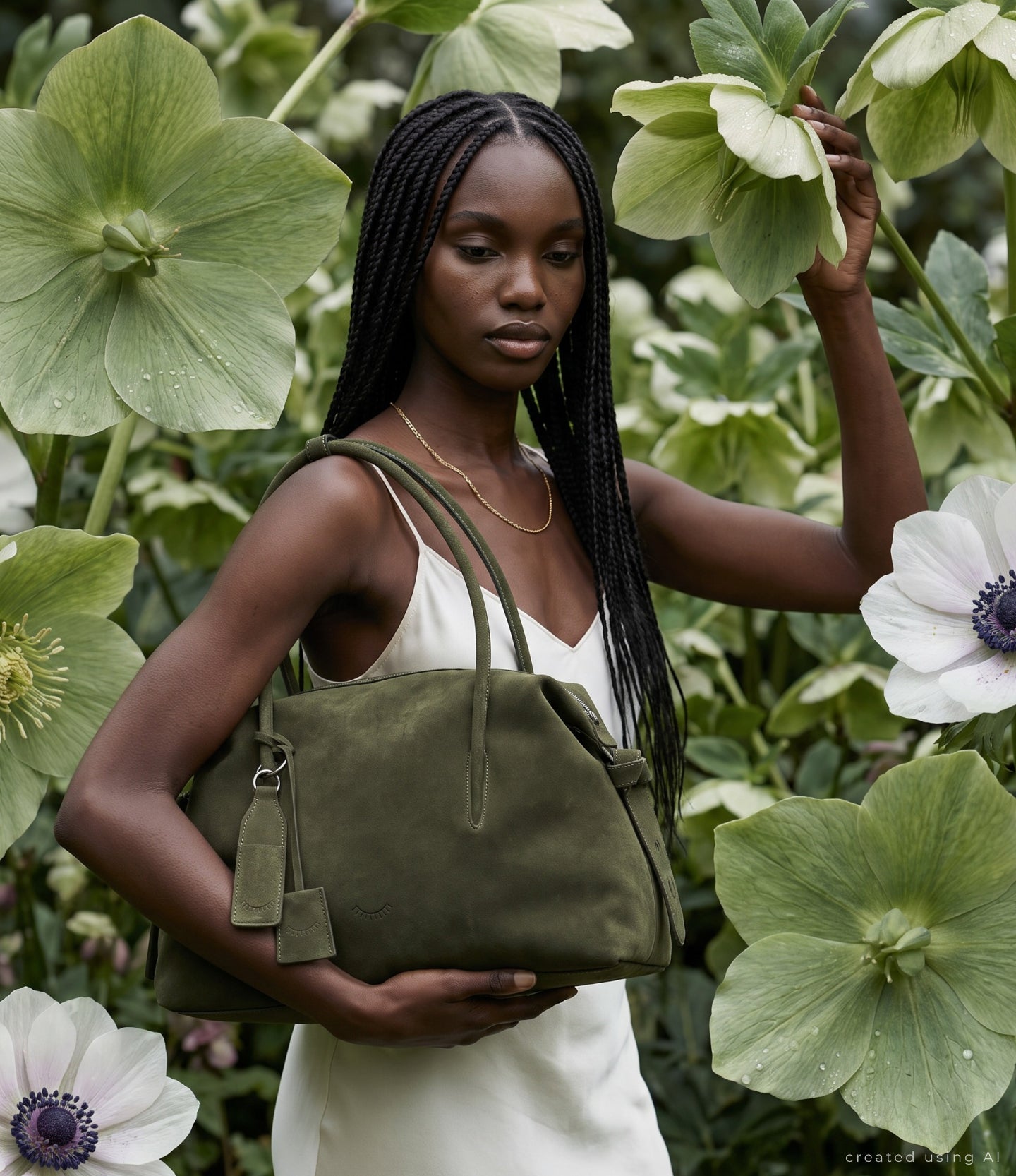 Modelka z oliwkową torbą Naoko Bags wśród kwiatów