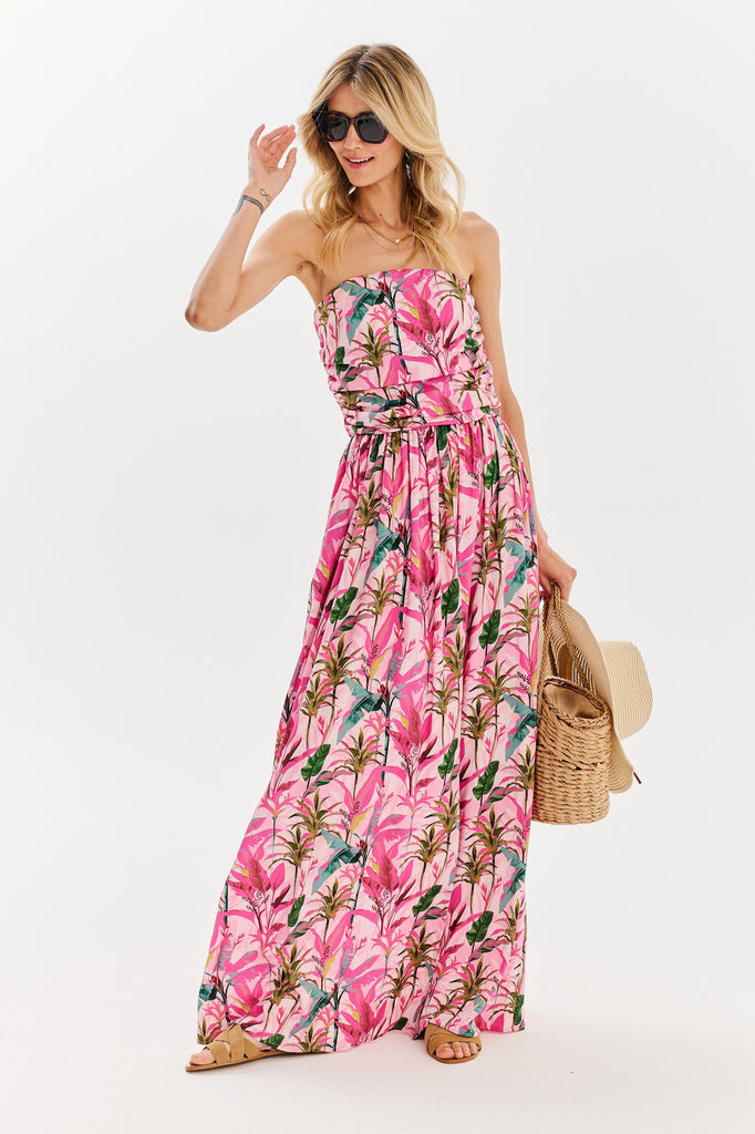 różowa sukienka maxi w kwiaty bez ramiączek naoko