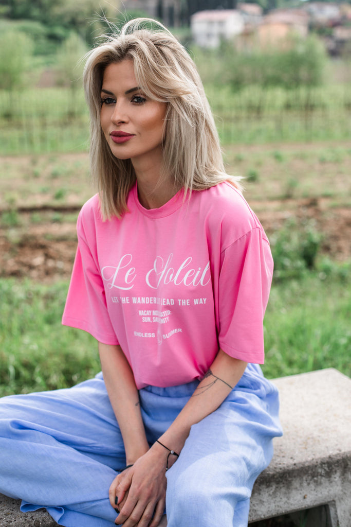 t-shirt naoko różowy z bawełny z ndrukiem oversize