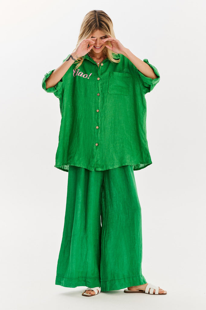 szerokie spodnie lniane w kolorze zielonym naoko